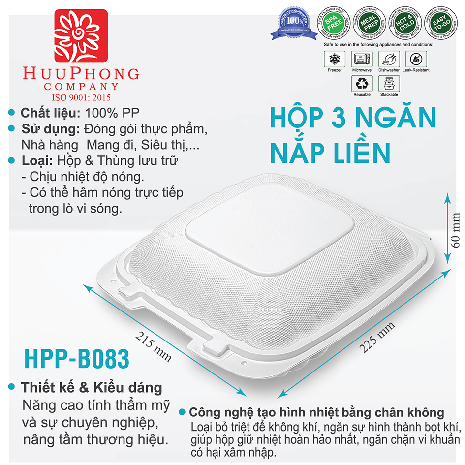 Hộp cơm 3 ngăn nắp liền
